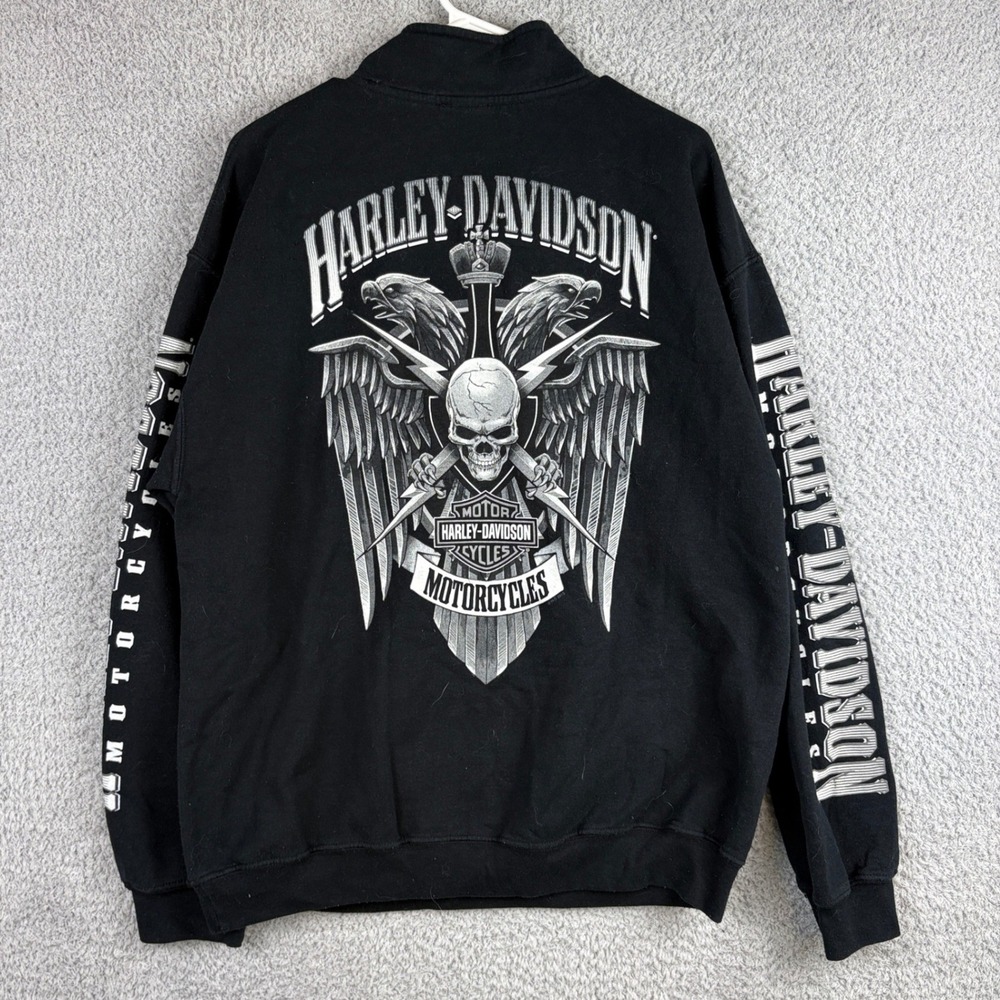 Harley Davidson 1/4 Zip Mens Large Black Skull Eagle Graphic Biker Pullover